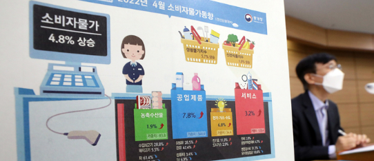 어운선 통계청 경제동향통계심의관이 3일 오전 정부세종청사에서 2022년 4월 소비자물가동향을 발표하고 있다. 지난달 소비자물가는 4.8% 오르며 2008년 10월(4.8%) 이후 13년 6개월 만에 최대치를 기록했다.(사진=뉴시스 제공)
