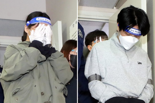 '계곡살인' 사건의 피의자 이은해(왼쪽)·조현수씨가 19일 오후 구속 전 피의자 심문(영장실질심사)을 받기 위해 인천시 미추홀구 인천지방법원으로 들어서고 있다.(사진=뉴시스 제공)