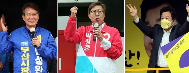 제8회 전국동시지방선거 공식 선거운동 첫날인 19일 오전 부산시장 3명도 일제히 첫 유세에 나섰다. 왼쪽부터 기호 순으로 더불어민주당 변성완 후보, 국민의힘 박형준 후보, 정의당 김영진 후보. (사진=뉴시스 제공)