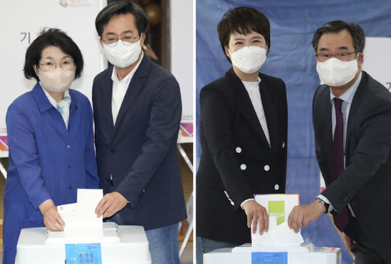 김동연(왼쪽 사진) 더불어민주당 경기도지사 후보와 김은혜 국민의힘 경기도지사 후보가 제8회 전국동시지방선거 사전투표 첫날인 27일 오전 경기 수원 영통구 광교1동사전투표소와 경기 성남 분당구 운중동사전투표소에서 각각 사전투표를 하고 있다.(사진=뉴시스 제공)
