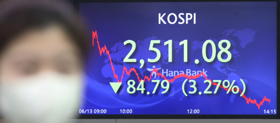 코스피가 3% 넘게 하락하며 장중 연저점을 경신하고 있다. 13일 오후 서울 중구 하나은행 딜링룸 전광판에 지수가 2511.08로 나타나고 있다.(사진=뉴시스 제공)