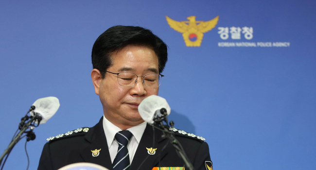 사의를 표명한 김창룡 경찰청장이 지난달 27일 오전 서울 서대문구 경찰청에서 입장을 밝히고 있다.