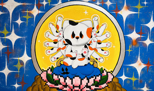 천개의 손을 가진 고양이 (2022) - 162cm X 97cm acrylic, oil pastel, lacquer on canvas