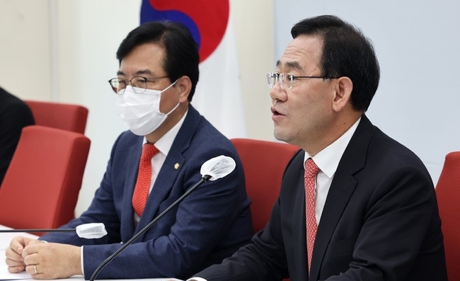 주호영 국민의힘 원내대표가 23일 서울 여의도 국회에서 진행된 기자간담회에서 발언하고 있다. (공동취재사진)