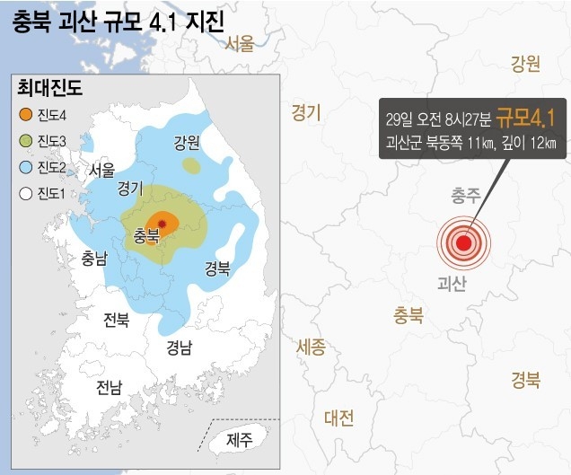 기상청에 따르면 29일 오전 8시27분49초 충북 괴산군 북동쪽 11km 지역에서 규모 4.1의 지진이 발생했다. 이번 지진의 최대 진도는 Ⅴ(충북), Ⅳ(경북), Ⅲ(강원, 경기, 대전)이다. (그래픽=뉴시스)