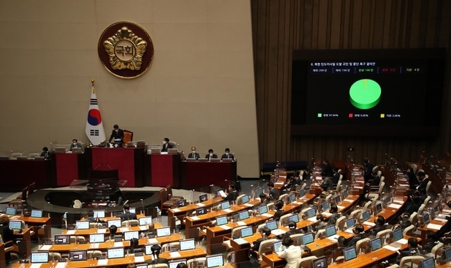 10일 서울 여의도 국회에서 열린 본회의에서 북한 탄도미사일 도발 규탄 및 중단 촉구 결의안이 통과되고 있다.(사진=뉴시스 제공)