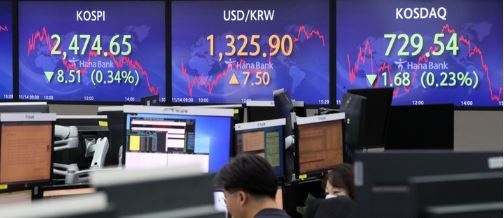 14일 코스피가 전 거래일(2483.16)보다 8.51포인트(0.34%) 내린 2474.65에, 코스닥지수는 전 거래일(731.22)보다 1.68포인트(0.23%) 하락한 729.54에 거래를 종료했다. 서울 외환시장에서 원·달러 환율은 전 거래일(1318.4원)보다 7.5원 오른 1325.9원에 마감했다. 14일 오후 서울 중구 하나은행 딜링룸에서 딜러들이 업무를 보고 있다. (사진=뉴시스 제공)