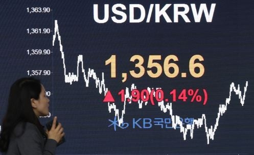22일 오후 서울 여의도 KB국민은행 딜링룸 전광판에 환율이 표시되고 있다. 원 달러 환율은 전 거래일 대비 1.9원 오른 1356.6원에 거래를 마쳤다 (사진=뉴시스 제공)