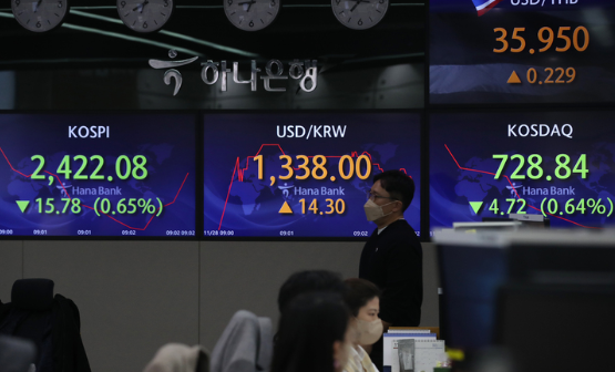 코스피가 전 거래일(2437.86)보다 12.81포인트(0.53%) 내린 2425.05에 개장한 28일 서울 중구 하나은행 딜링룸에서 딜러들이 업무를 보고 있다. 코스닥지수는 전 거래일(733.56)보다 1.75포인트(0.24%) 하락한 731.81에 거래를 시작했다. 서울 외환시장에서 원·달러 환율은 전 거래일(1323.7원)보다 12.3원 오른 1336.0원에 출발했다. (사진=뉴시스 제공)