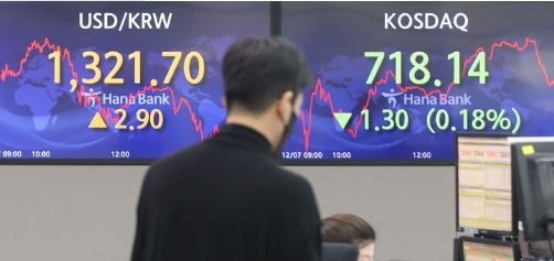 원·달러 환율이 전 거래일보다 2.9원 오른 1321.7원에 마감했다. 코스피는 10.35포인트(0.43%) 내린 2382.81, 코스닥 지수는 1.30포인트(0.18%) 하락한 718.14에 마감했다. 7일 오후 서울 중구 하나은행 딜링룸에서 딜러들이 업무를 보고 있다. (사진=뉴시스 제공)