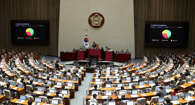 8일 오후 서울 여의도 국회에서 열린 제400회국회(정기회) 제400-14차 본회의에서 '한국전력공사법 일부개정법률안(대안)'이 부결되고 있다. (사진=뉴시스 제공)