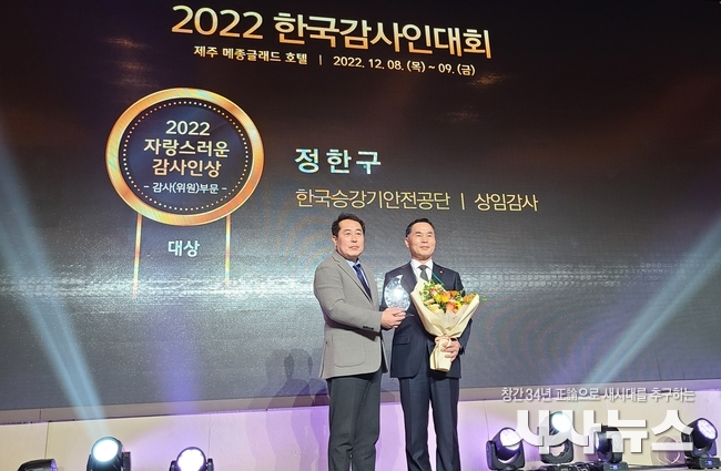 한국승강기안전공단 정한구 상임감사(오른쪽)가 ‘2022 자랑스러운 감사인상 대상’을 수상하고 있다.