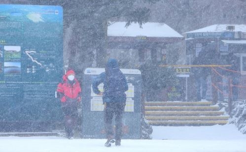 제주도산지에 대설주의보가 내려진 14일 오전 한라산 국립공원 성판악 탐방안내소에 눈이 내리고 있다. 한라산 국립공원은 기상 악화에 따라 모든 탐방로를 입산 통제하고 있다. (사진=뉴시스 제공)