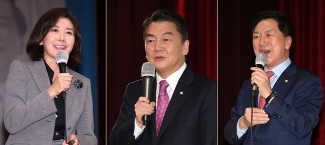 국민의힘 당권주자인 나경원 전 자유한국당 원내대표, 안철수 의원, 김기현 전 원내대표가 지난해 10월28일 경기 고양시 덕양구청에서 열린 국민의힘 경기도당 고양시(갑) 당원협의회 당원연수에서 강연을 하고 있다.(사진=뉴시스 제공)