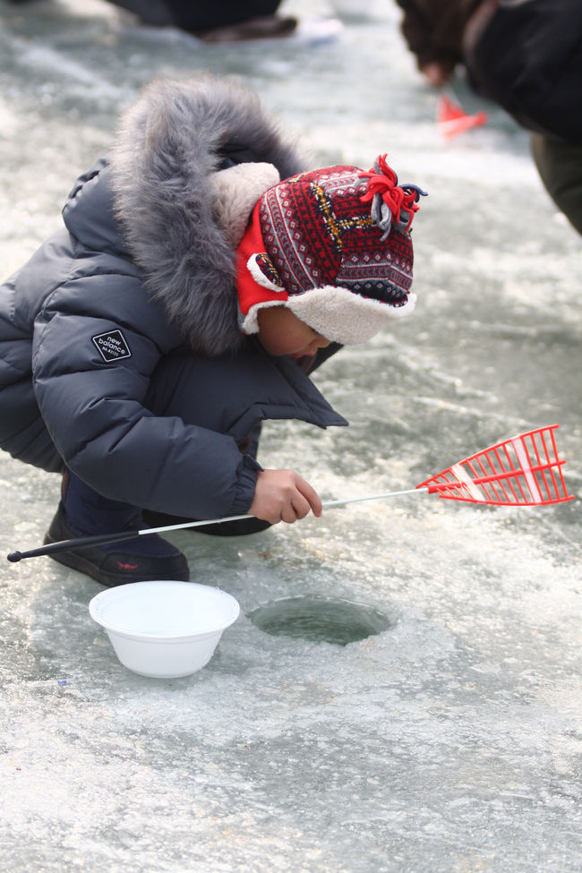 안동 암산얼음축제에서 한 어린이가 빙어낚시를 하며 얼음구멍을 살펴보고 있다.