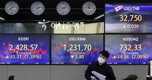 코스피가 전 거래일보다 33.31포인트(1.39%) 상승한 2428.57로 장을 마친 25일 서울 중구 하나은행 딜링룸에서 딜러들이 업무를 보고 있다. 코스닥은 전 거래일보다 14.38포인트(2.00%) 오른 732.35에 거래를 종료했다. (사진=뉴시스 제공)