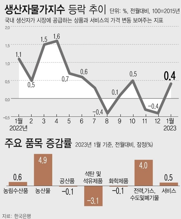 23일 한국은행이 발표한 올해 1월 생산자물가지수는 120.29(2015년 100기준)로 전월 대비 0.4% 상승하며 3개월 만에 상승 전환했다. (그래픽=뉴시스 제공)