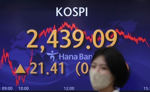 코스피가 전 거래일(2417.68)보다 21.41포인트(0.89%) 오른 2439.09에 장을 마친 23일 서울 중구 하나은행 딜링룸에서 딜러들이 업무를 보고 있다. 코스닥지수는 전 거래일(778.51)보다 4.77포인트(0.61%) 상승한 783.28에 거래를 종료했다. 서울 외환시장에서 원·달러 환율은 전 거래일(1304.9원)보다 7.8원 내린 1297.1원에 마감했다. (사진=뉴시스 제공)