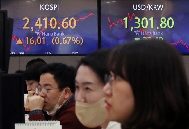  13일 서울 중구 하나은행 딜링룸에서 딜러들이 업무를 보고 있다. 이날 코스피는 전 거래일(2394.59)보다 16.01포인트(0.67%) 오른 2410.60에, 코스닥지수는 전 거래일(788.60)보다 0.29포인트(0.04%) 상승한 788.89에, 서울 외환시장에서 원·달러 환율은 전 거래일(1324.2원)보다 22.4원 내린 1301.8원에 마감했다. (사진=뉴시스 제공)