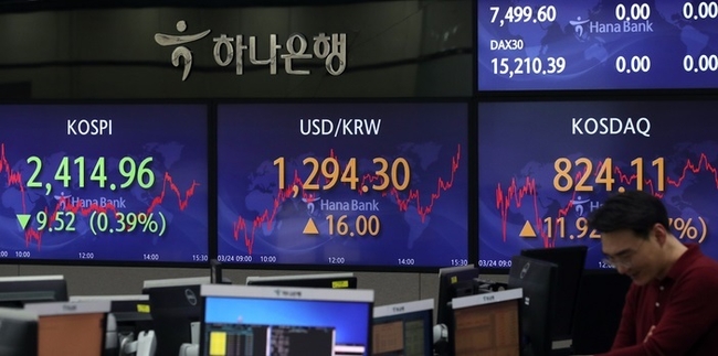  24일 오후 서울 중구 하나은행 딜링룸에서 딜러들이 업무를 하고 있다. 이날 코스피는 전 거래일(2424.48)보다 9.52포인트(0.39%) 내린 2414.96에, 코스닥지수는 전 거래일(812.19)보다 11.92포인트(1.47%) 오른 824.11에 거래를 종료했다. 서울 외환시장에서 원·달러 환율은 전 거래일(1278.3원)보다 16.0원 오른 1294.3원에 마감했다. (사진=뉴시스 제공)