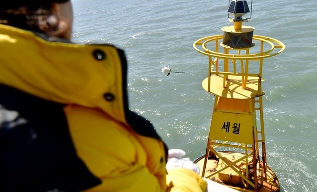  9일 오전 전남 진도군 동거차도 주변 세월호 참사 해역을 찾은 유가족들이 참사 자리에 세워진 부표를 향해 국화를 던지고 있다. (사진=뉴시스)