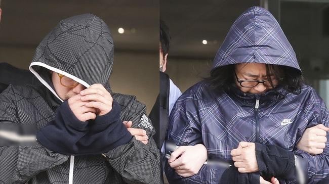  '강남 납치·살해 사건'의 배후 부부로 지목된 피의자 유상원(51,왼쪽)와 황은희(49)가 13일 오전 서울 강남구 수서경찰서에서 취재진 질문에 답하고 있다. (사진=뉴시스 제공)