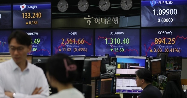 코스피가 전 거래일(2550.64)보다 11.02포인트(0.43%) 상승한 2561.66에 장을 닫은 13일 서울 중구 하나은행 딜링룸에서 딜러들이 업무를 보고 있다. 코스닥지수는 전 거래일(890.62)보다 3.63포인트(0.41%) 오른 894.25에 거래를 종료했다. 서울 외환시장에서 원·달러 환율은 전 거래일(1325.7원)보다 15.3원 낮아진 1310.4원에 마감했다.(사진=뉴시스 제공)