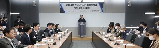 원희룡 국토교통부 장관이 21일 오후 서울 서초구 대한변호사협회에서 열린 대한변협 전세사기사건 피해자 지원 긴급대책 TF회의에서 발언하고 있다.(사진=뉴시스 제공)