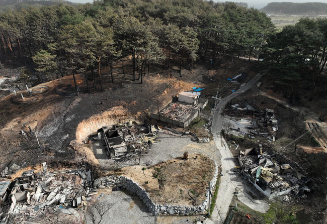 강릉 산불 진화 이틀째인 12일 저동골길 인근 야산 근처의 민가들이 전소돼 있다.(사진=뉴시스 제공)