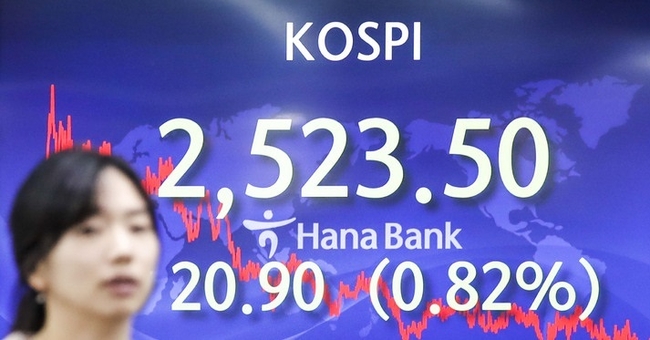  코스피가 전 거래일(2544.40)보다 20.90포인트(0.82%) 하락한 2523.50에, 코스닥지수가 전 거래일(868.82)보다 13.59포인트(1.56%) 내린 855.23에 거래를 종료했다. 서울 외환시장에서 원·달러 환율은 전 거래일(1328.2원)보다 6.6원 뛴 1334.8원에 마감했다. 24일 서울 중구 하나은행 딜링룸에서 직원들이 업무를 보고 있다. (사진=뉴시스 제공)