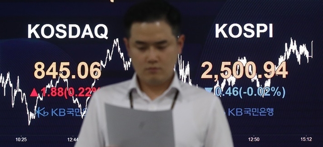 코스피가 전 거래일(2501.40)보다 0.46포인트(0.02%) 내린 2500.94, 코스닥지수는 전 거래일(843.18)보다 1.88포인트(0.22%) 오른 845.06에 장을 마감한 4일 오후 서울 영등포구 여의도 KB국민은행 스마트딜링룸에서 직원이 업무를 보고 있다. 이날 서울 외환시장에서 원·달러 환율은 전 거래일(1338.2원)보다 15.4원 내린 1322.8원에 마감했다.(사진=뉴시스 제공)