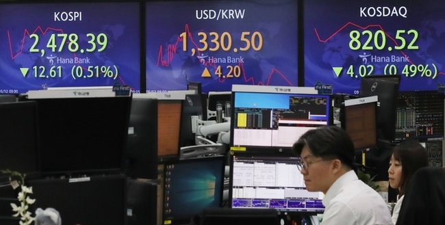 12일 오전 서울 중구 하나은행 딜링룸에서 딜러들이 업무를 보는 모습. (사진=뉴시스 제공)