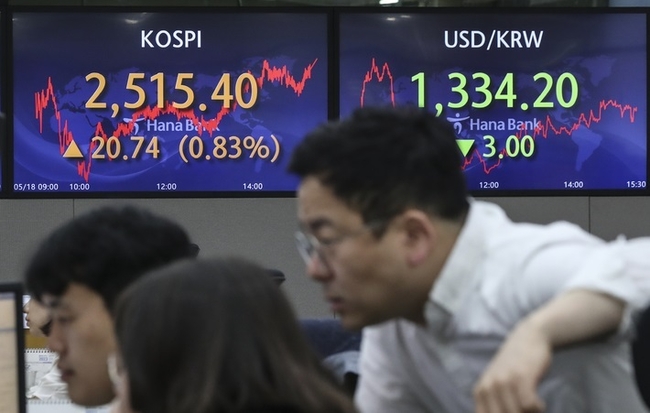 18일 서울시 중구 하나은행 딜링룸에서 직원들이 업무를 보고 있다. 코스피는 전 거래일(2494.66)보다 20.74포인트(0.83%) 상승한 2515.40에 장을 마쳤으며, 코스닥지수는 전 거래일(834.19)보다 1.70포인트(0.20%) 오른 835.89에 거래를 종료했다. 서울 외환시장에서 원·달러 환율은 전 거래일(1337.2원)보다 3.0원 내린 1334.2원에 마감했다. (사진=뉴시스 제공)