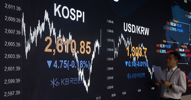 코스피가 전 거래일 대비 4.75포인트(0.18%) 내린 2610.85에, 코스닥지수는 4.59포인트(0.52%) 내린 876.13에 장을 마쳤다. 8일 오후 서울 영등포구 여의도 KB국민은행 스마트딜링룸에서 직원이 업무를 보고 있다.(사진=뉴시스 제공)