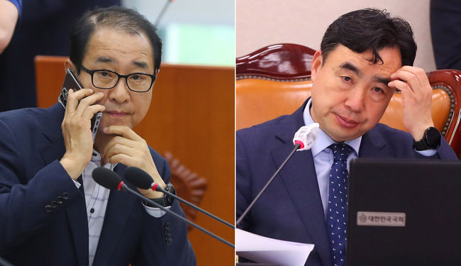 이성만(왼쪽) 의원과 윤관석 의원이 5월 24일 서울 여의도 국회에서 열린 각각의 상임위에 참석해 있다. (사진=뉴시스 제공)