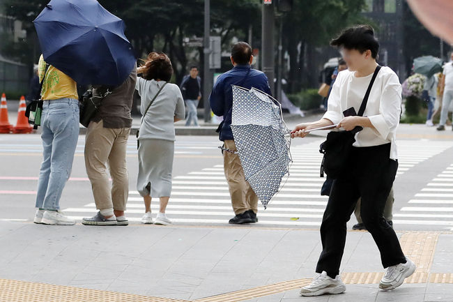 소나기가 내리고 있는 10일 서울 광화문 네거리에서 한 시민이 강풍에 우산을 붙잡고 있다.(사진=뉴시스 제공)