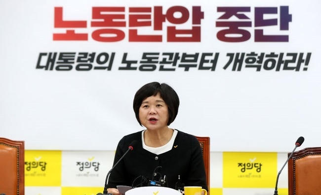 이정미 정의당 대표가 25일 오전 서울 여의도 국회에서 기자간담회를 열고 발언하고 있다. (사진=뉴시스)