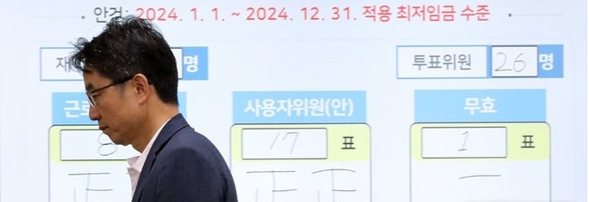  박준식 최저임금위원장이 19일 새벽 세종시 정부세종청사에서 2024년도 적용 최저임금에 대한 투표 결과 앞을 지나고 있다. 내년도 최저임금은 9860원으로 결정됐다.(사진=뉴시스 제공)