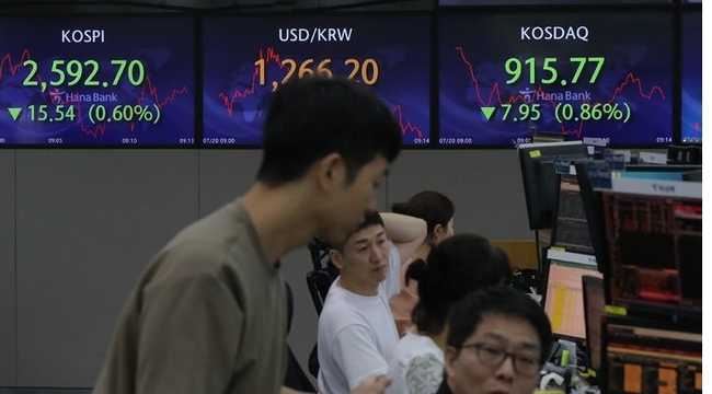 20일 오전 서울 중구 하나은행 딜링룸에서 딜러들이 업무를 하고 있다. 이날 코스피는 전 거래일(2608.24)보다 12.86포인트(0.49%) 내린 2595.38에, 코스닥 지수는 전 거래일(923.72)보다 5.45포인트(0.59%) 하락한 918.27에 거래를 시작했다. 서울 외환시장에서 원·달러 환율은 전 거래일(1265.6원)보다 1.9원 오른 1267.5원에 개장했다.(사진=뉴시스 제공)
