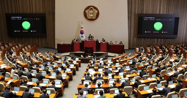 27일 오후 서울 여의도 국회에서 열린 제408회국회(임시회) 제2차 본회의에서 하천법 일부개정법률안(대안)이 재적 299인, 재석 250인, 찬성 249인, 반대 0인, 기권 1인으로 가결되고 있다. (사진=뉴시스 제공)