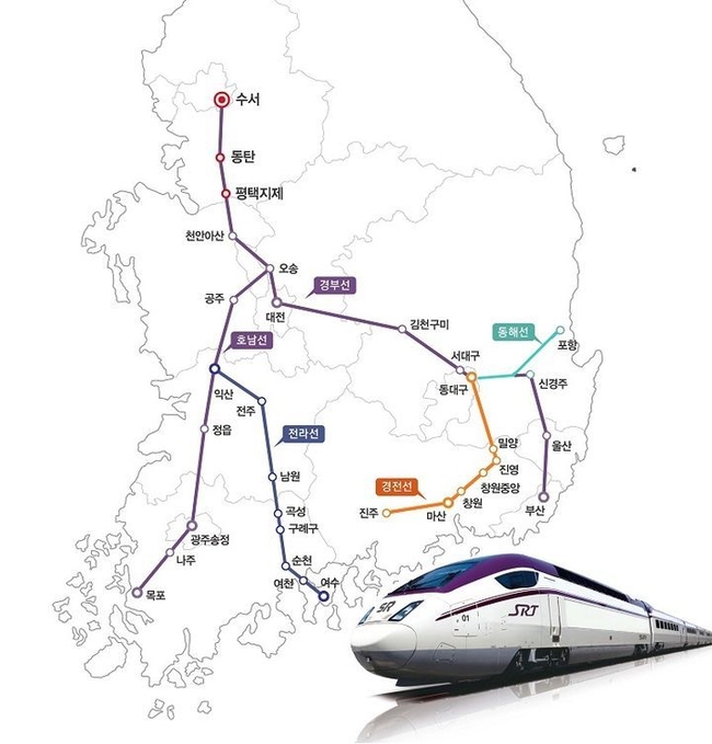 에스알(SR)은 내일(9.1)부터 수서발고속열차(SRT) 운행이 경전선(수서~진주), 동해선(수서~포항), 전라선(수서~여수엑스포)으로 확대된다고 31일 밝혔다. 해당 구간 운행은 일일 편도 4회, 왕복 2회가 운행될 예정이다. 사진은 SRT의 운행 노선도. 2023.08.31.(사진=에스알 제공)