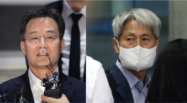화천대유자산관리 대주주 김만배씨가 지난 7일 새벽 경기 의왕 서울구치소에서 만기출소하며 취재진 질문에 답하고 있다(왼쪽). 신학림 전 언론노조위원장이 지난 7일 오전 서울 서초구 서울중앙지방검찰청에서 화천대유자산관리 대주주 김만배 씨와 허위 인터뷰 의혹 관련 조사를 받기 위해 출석하고 있다(오른쪽).