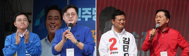 진교훈 더불어민주당 후보자, 오른쪽은 김태우 국민의힘 후보자 모습.(사진=뉴시스 제공)