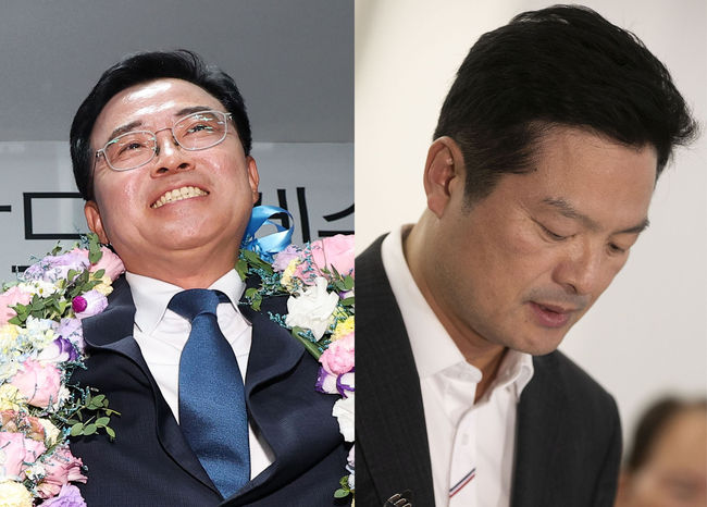 강서구청장 보궐선거 당선이 확실시 된 진교훈 더불어민주당 후보가 11일 서울 강서구 소재 선거캠프에서 승리를 기뻐하고 있다. 오른쪽 사진은 김태우 국민의힘 후보가 낙선을 인정하며 입장을 말하고 있는 모습. (사진=공동취재사진/뉴시스 제공) 