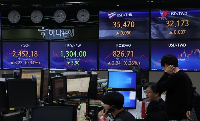 8일 서울 중구 하나은행 딜링룸에서 딜러들이 업무를 하고 있다. 이날 코스피는 전 거래일(2443.96)보다 16.26포인트(0.67%) 오른 2460.22에, 코스닥지수는 전 거래일(824.37)보다 2.39포인트(0.29%) 하락한 821.98에 거래를 시작했다. 서울 외환시장에서 원·달러 환율은 전 거래일(1297.3원)보다 1.9원 내린 1306.0원에 출발했다.(사진=뉴시스 제공)