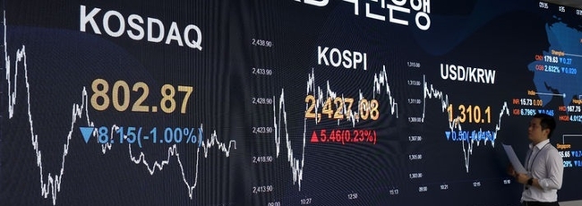  코스피가 전 거래일 대비 5.46포인트(0.23%) 오른 2427.08에, 코스닥지수는 8.15포인트(1.00%) 내린 802.87에 장을 마쳤다. 9일 오후 서울 영등포구 여의도 KB국민은행 스마트딜링룸에서 직원이 업무를 보고 있다.(사진=뉴시스 제공)