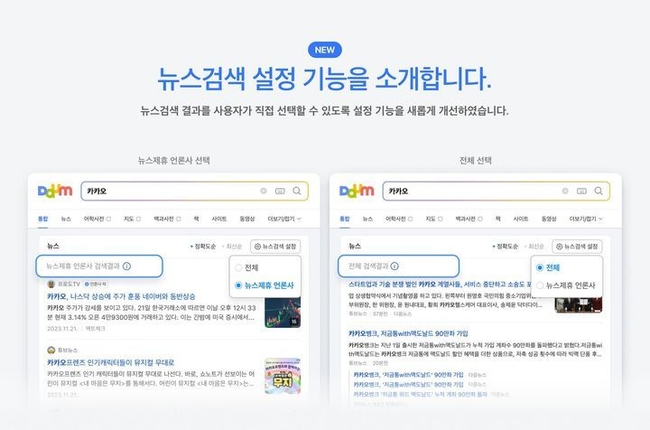카카오가 운영하는 포털 사이트 '다음'이 뉴스 검색 결과에서 제휴 언론사 기사를 우선 노출하도록 기본값을 변경했다.(사진=다음 캡쳐/뉴시스 제공)
