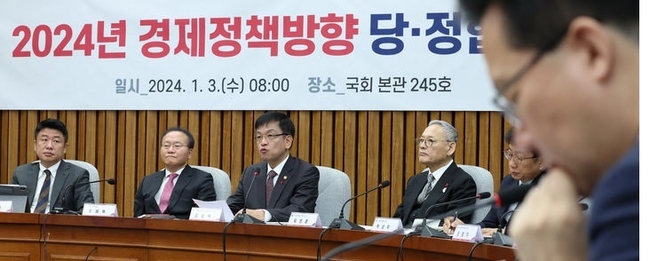 최상목 경제부총리 겸 기획재정부 장관이 3일 오전 서울 여의도 국회에서 열린 2024년 경제정책방향 당정 협의회에서 발언을 하고 있다. 왼쪽부터 국민의힘 유의동 정책위의장, 윤재옥 원내대표, 최상목 경제부총리 겸 기획재정부 장관, 유인촌 문화체육관광부 장관, 박상우 국토교통부 장관.(사진=뉴시스 제공)