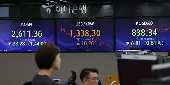 14일 오전 서울 중구 하나은행 딜링룸에서 딜러들이 업무를 보고 있다. (사진=뉴시스 제공)
