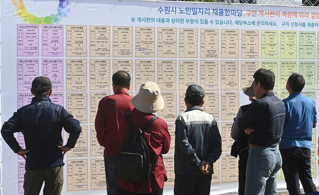 지난해 10월 11일 경기도 수원시 팔달구 화성행궁광장에서 열린 ‘노인일자리 채용한마당’을 찾은 어르신들이 취업정보 게시판을 살펴보고 있다.